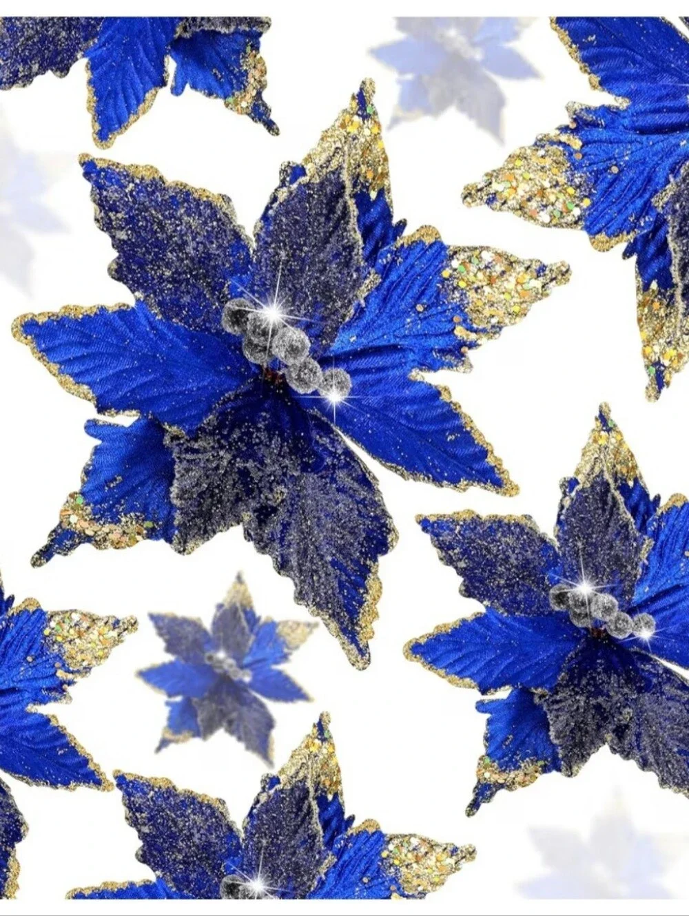 Blue Velvet Poinsettia Holiday Ornaments - Home Holiday. 18 Pieces. NWT.
